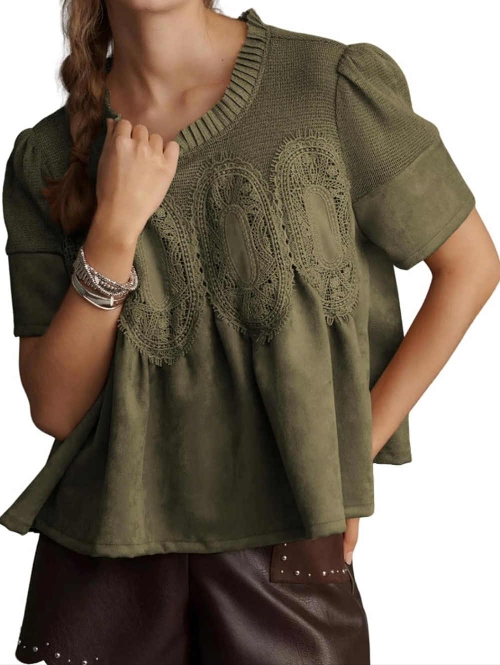 Olive Faux Swade & Lace Top NWT